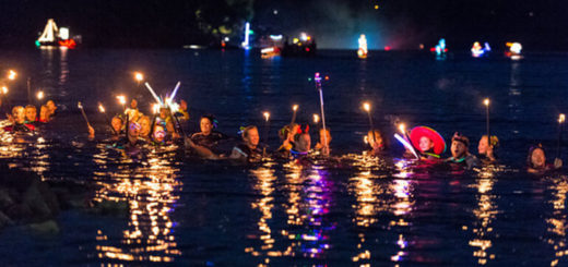 Taucher mit Fackeln schwimmen in der Donau