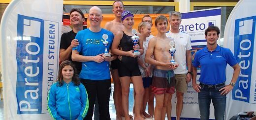 Gruppe junger Schwimmerinnen und Schwimmer mit Pokalen